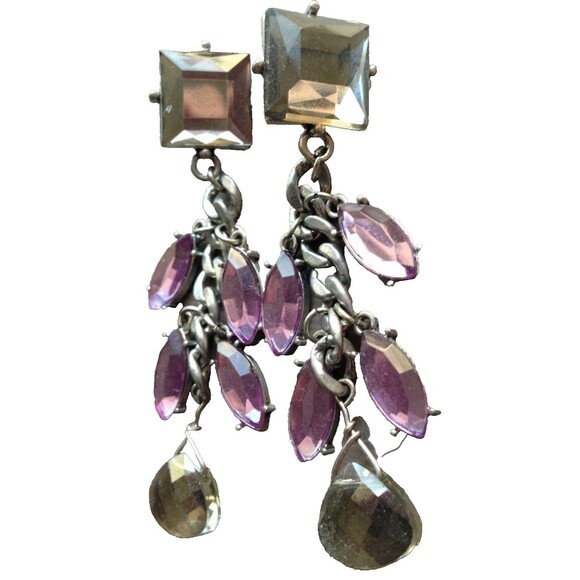Purple Dangle Earrings Rhinestone Drop Chain‎ Link Metal Pierced Party Going Out - Picture 1 of 3